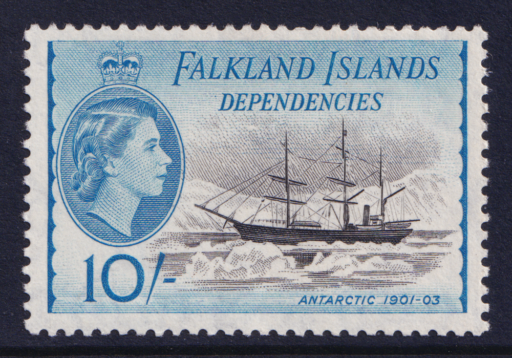 Falkland Islands QEII 1954 10s Black Blue Dependencies Ships SGG39 Mint MH