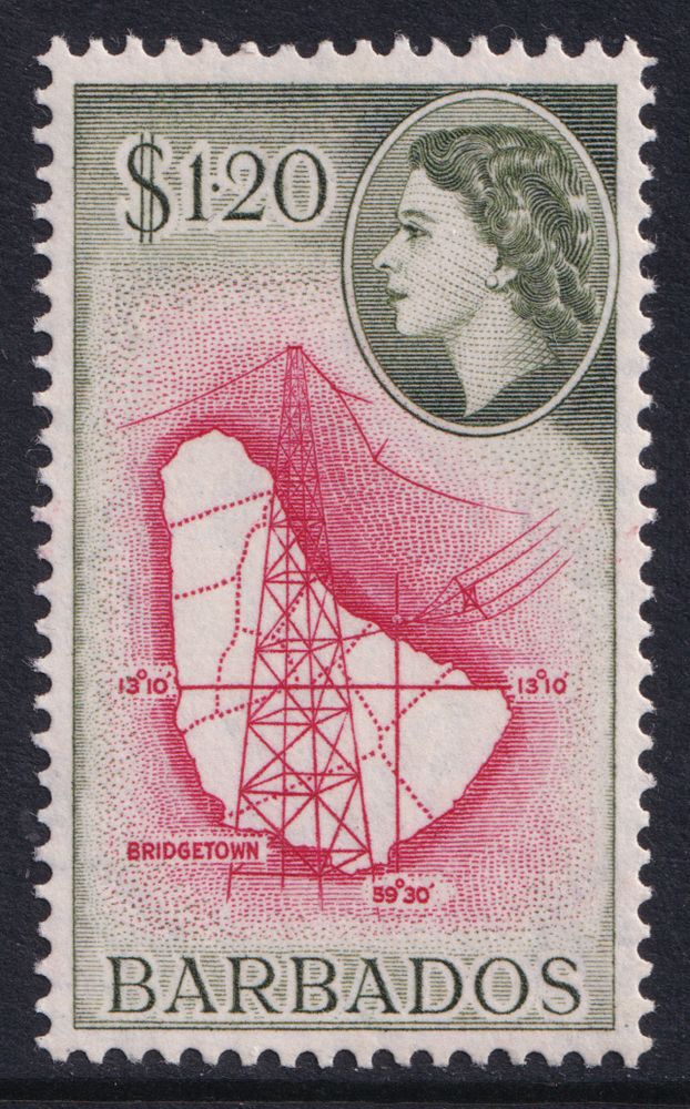 Barbados QEII 1953-61 $1.20 Carmine Bronze-Green Map SG300 Mint MLH