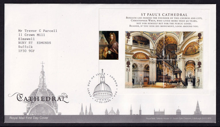 Great Britain QEII 2008 FDC Cathedrals Mini Sheet London postmark