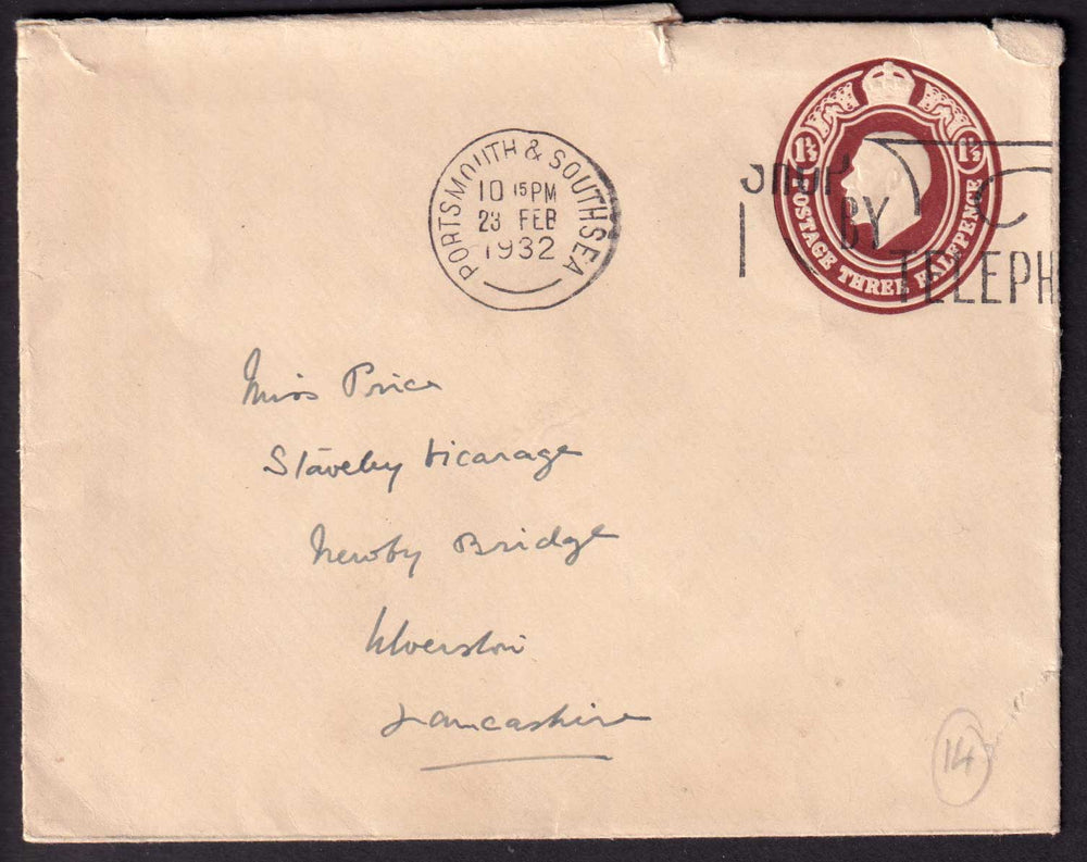 Great Britain KGV 1932 1 1/2d Brown Cover Embossed Postal Stationery Fine Used Portsmouth & Southsea CDS