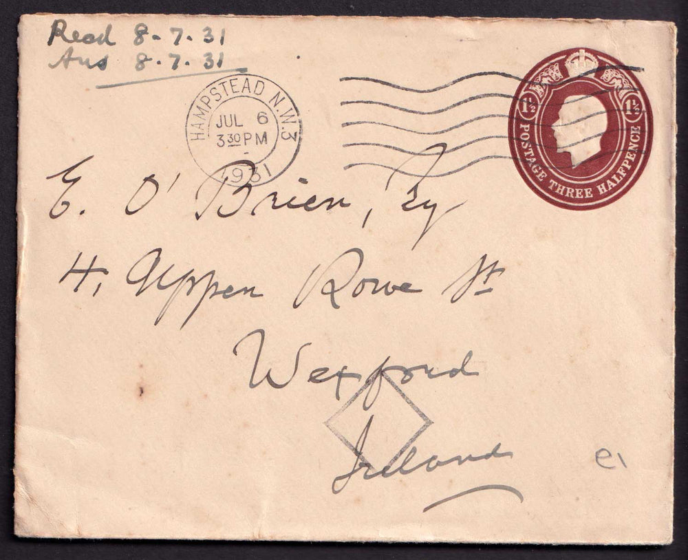 Great Britain KGV 1931 1 1/2d Brown Cover Embossed Postal Stationery Fine Used Hampstead NW3 CDS Census Mark