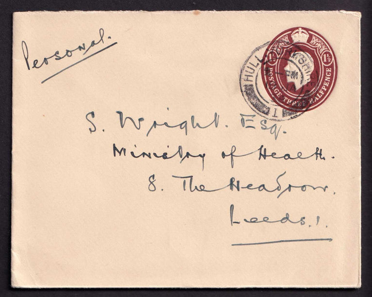 Great Britain KGV 1 1/2d Brown Cover Embossed Postal Stationery Fine Used Hull Yorkshire CDS to Leeds