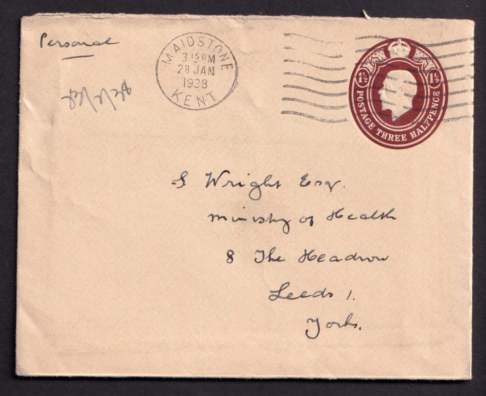 Great Britain KGV 1938 1 1/2d Brown Cover Embossed Postal Stationery Fine Used Maidstone Kent CDS to Leeds