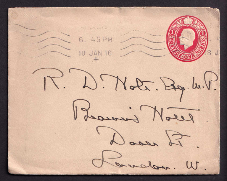 Great Britain KGV 1916 1d Red Cover Embossed Postal Stationery Used Krag Machine Cancel