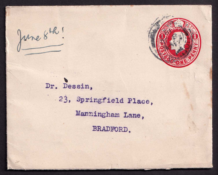 Great Britain KGV 1918 1d Red Cover Embossed Postal Stationery Used Hounslow CDS to Bradford