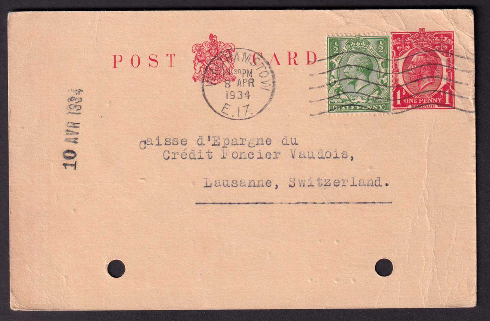 Great Britain KGV 1934 1/2d Green on 1d Red Postal Stationery Postcard Used Walthamstow CDS to Switzerland