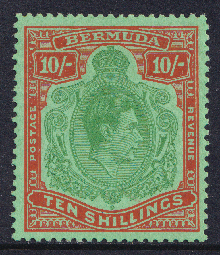 Bermuda KGVI 1938-53 10s Green Vermilion/Green Perf 13 SG119e Mint MH