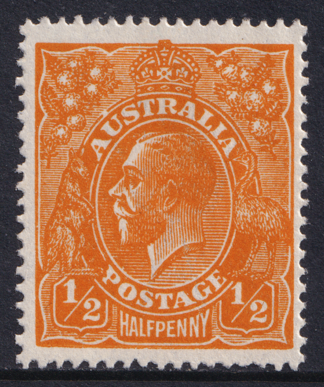 Australia KGV 1918-23 1/2d Orange P14 SG56 Mint MH ACSC Flaw 6L25 Frame Break