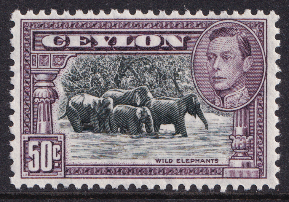 Ceylon KGVI 1938-49 50c Black Mauve P11.5 x 11 Elephants SG394d Mint MH