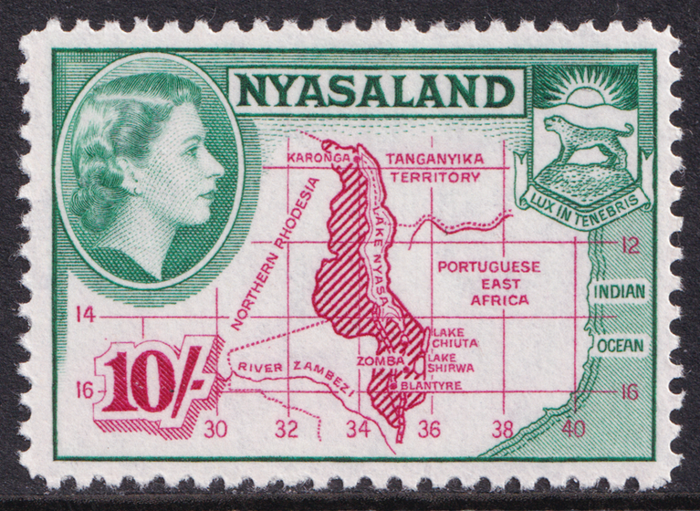 Nyasaland QEII 1953-54 10s Carmine Deep Emerald SG186 Mint MNH